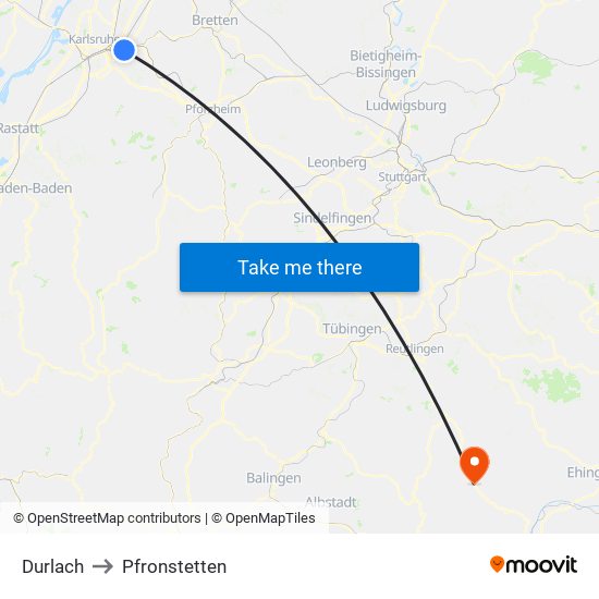 Durlach to Pfronstetten map
