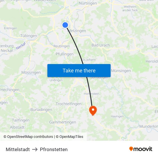 Mittelstadt to Pfronstetten map