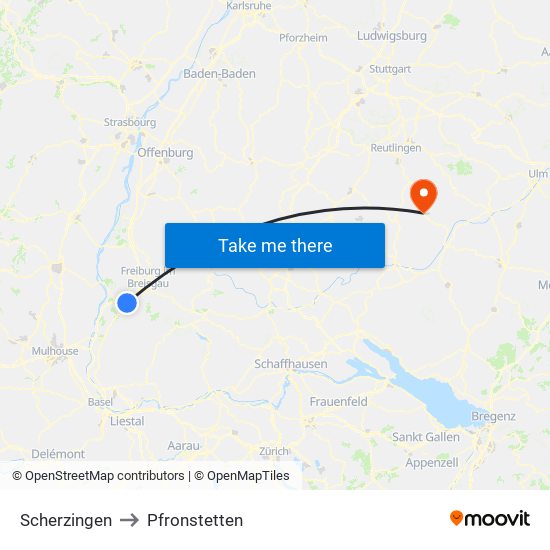 Scherzingen to Pfronstetten map