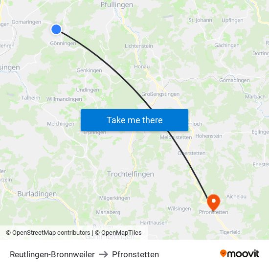 Reutlingen-Bronnweiler to Pfronstetten map