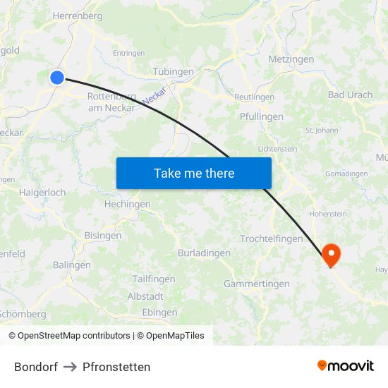 Bondorf to Pfronstetten map