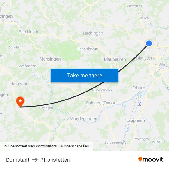 Dornstadt to Pfronstetten map