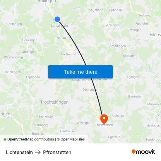 Lichtenstein to Pfronstetten map