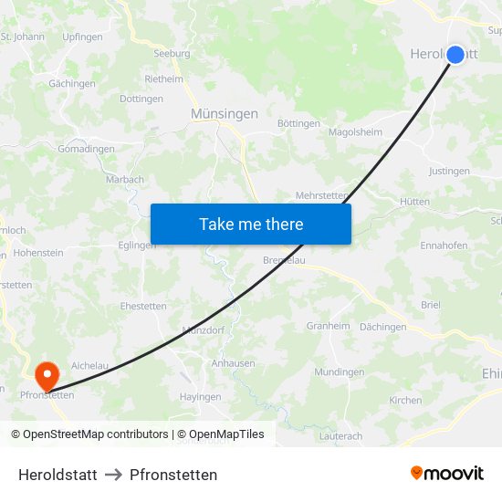 Heroldstatt to Pfronstetten map