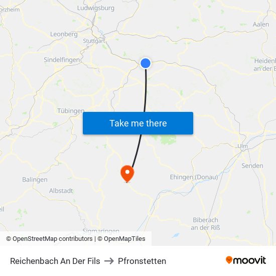 Reichenbach An Der Fils to Pfronstetten map