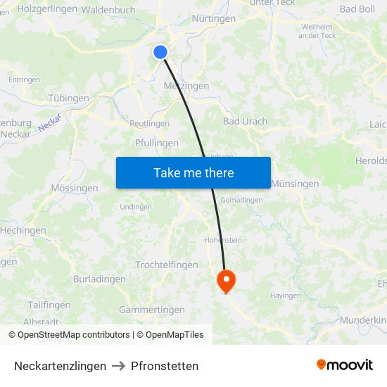 Neckartenzlingen to Pfronstetten map