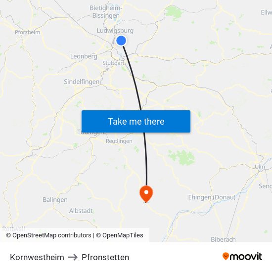 Kornwestheim to Pfronstetten map