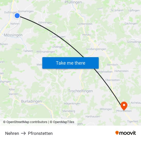 Nehren to Pfronstetten map