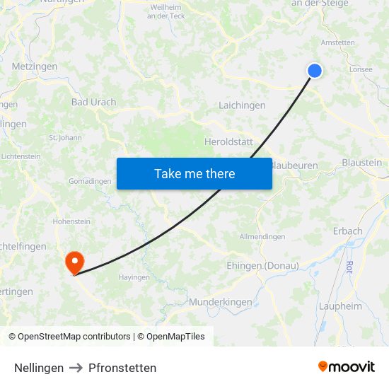 Nellingen to Pfronstetten map