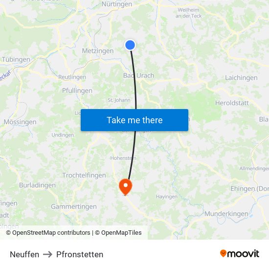 Neuffen to Pfronstetten map