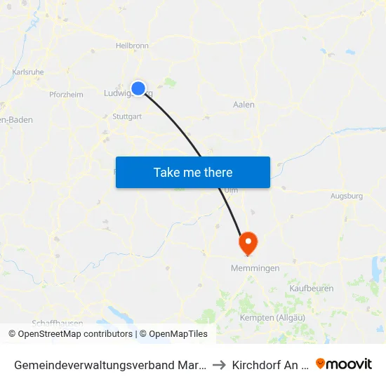 Gemeindeverwaltungsverband Marbach am Neckar to Kirchdorf An Der Iller map