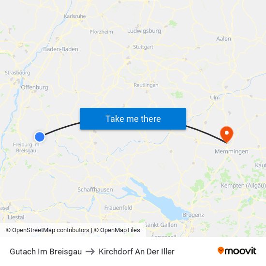 Gutach Im Breisgau to Kirchdorf An Der Iller map