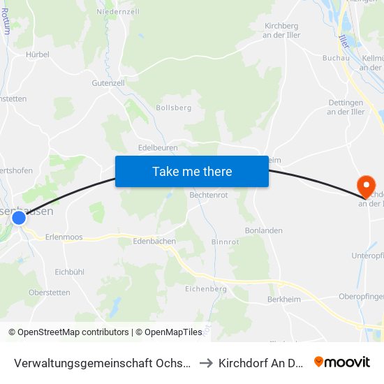 Verwaltungsgemeinschaft Ochsenhausen to Kirchdorf An Der Iller map