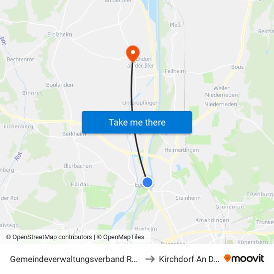 Gemeindeverwaltungsverband Rot-Tannheim to Kirchdorf An Der Iller map