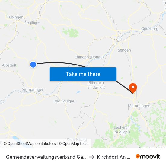 Gemeindeverwaltungsverband Gammertingen to Kirchdorf An Der Iller map