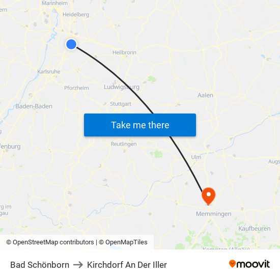 Bad Schönborn to Kirchdorf An Der Iller map