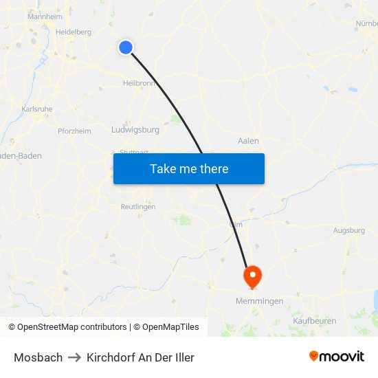 Mosbach to Kirchdorf An Der Iller map