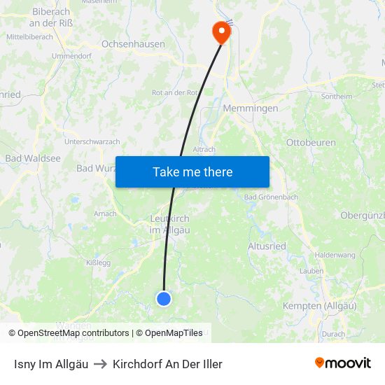 Isny Im Allgäu to Kirchdorf An Der Iller map