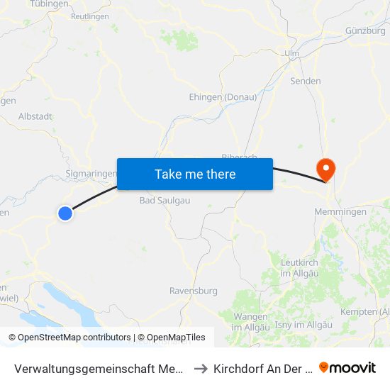 Verwaltungsgemeinschaft Meßkirch to Kirchdorf An Der Iller map