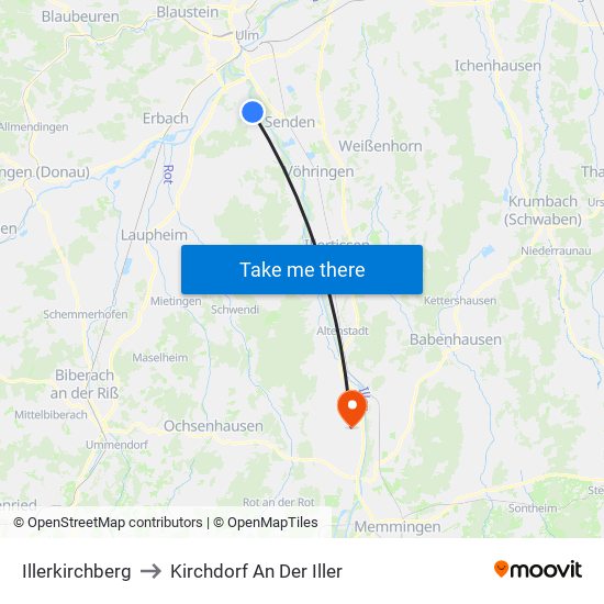 Illerkirchberg to Kirchdorf An Der Iller map