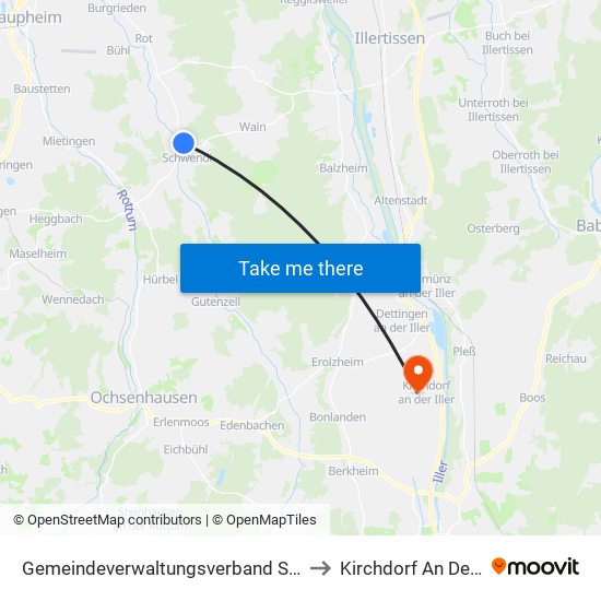 Gemeindeverwaltungsverband Schwendi to Kirchdorf An Der Iller map