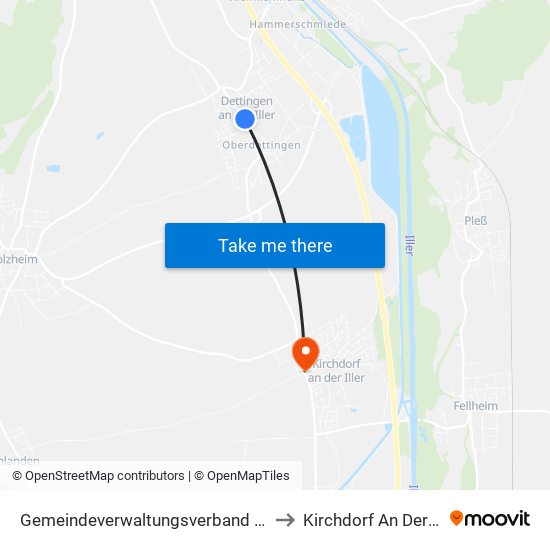 Gemeindeverwaltungsverband Illertal to Kirchdorf An Der Iller map