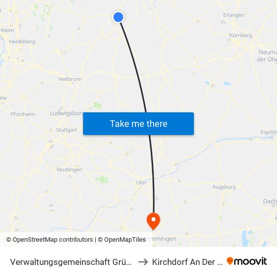 Verwaltungsgemeinschaft Grünsfeld to Kirchdorf An Der Iller map