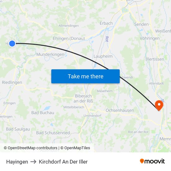 Hayingen to Kirchdorf An Der Iller map