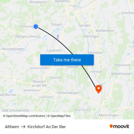 Altheim to Kirchdorf An Der Iller map