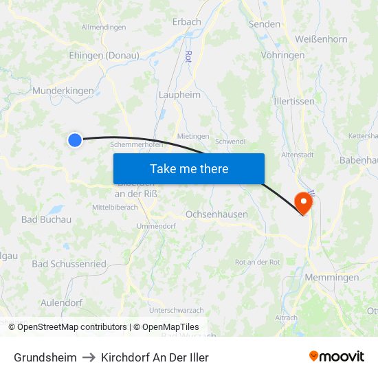 Grundsheim to Kirchdorf An Der Iller map