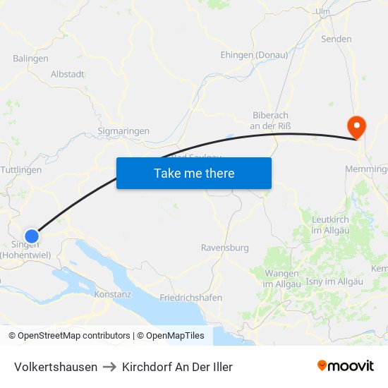 Volkertshausen to Kirchdorf An Der Iller map