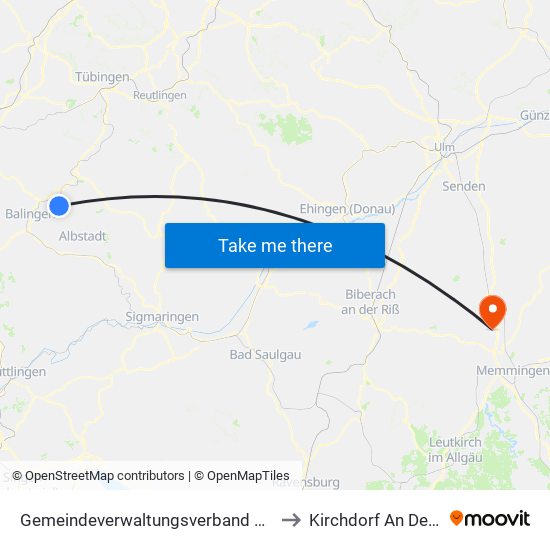 Gemeindeverwaltungsverband Bisingen to Kirchdorf An Der Iller map