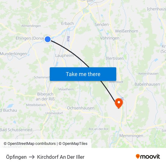 Öpfingen to Kirchdorf An Der Iller map