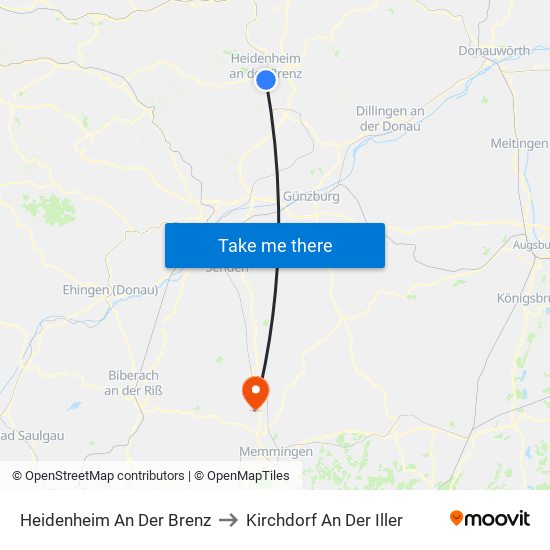 Heidenheim An Der Brenz to Kirchdorf An Der Iller map