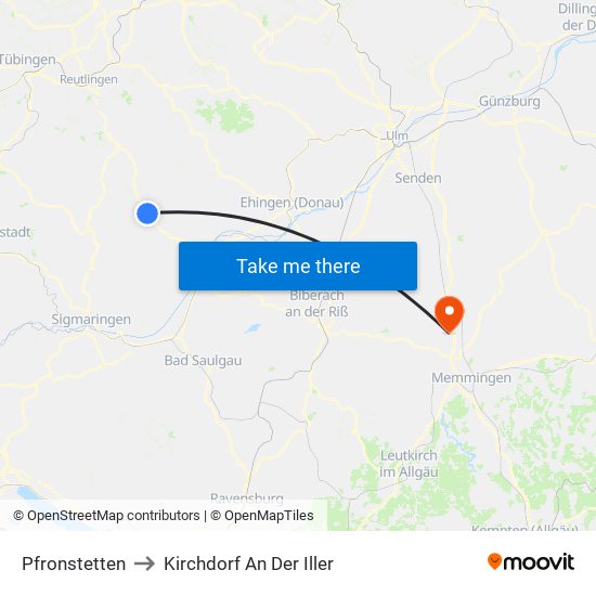 Pfronstetten to Kirchdorf An Der Iller map