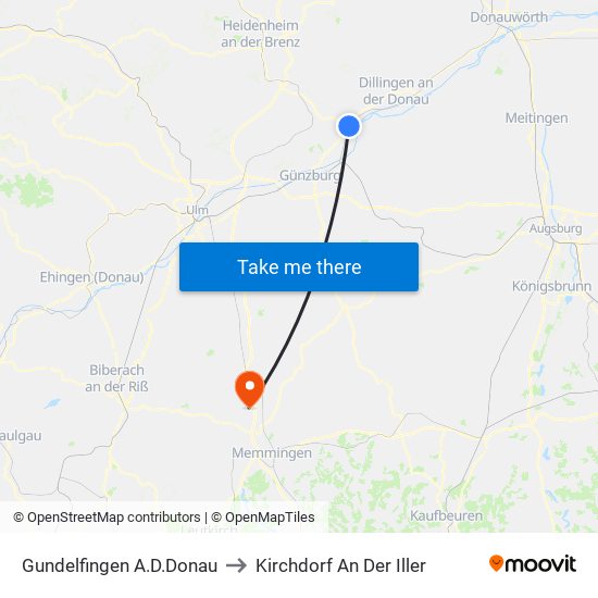 Gundelfingen A.D.Donau to Kirchdorf An Der Iller map