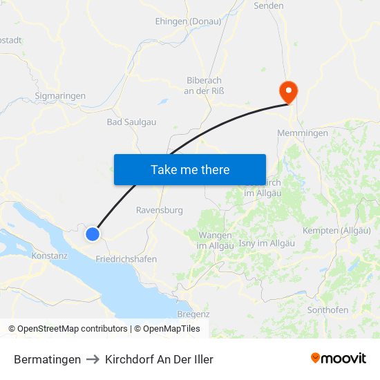 Bermatingen to Kirchdorf An Der Iller map