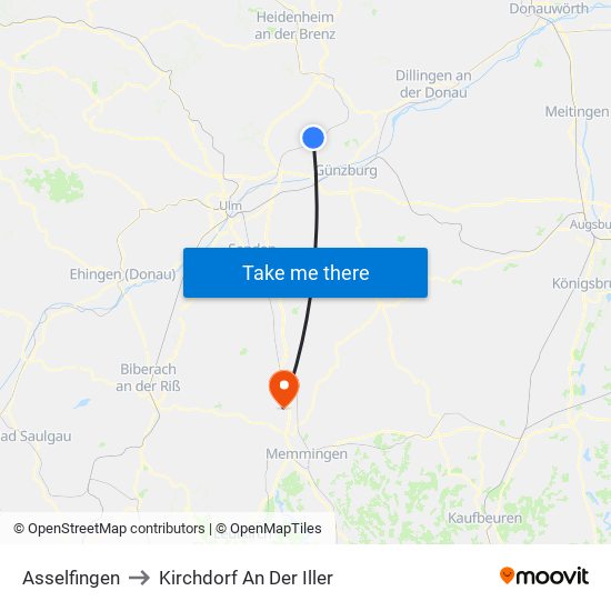 Asselfingen to Kirchdorf An Der Iller map