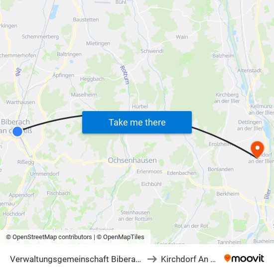 Verwaltungsgemeinschaft Biberach An Der Riß to Kirchdorf An Der Iller map