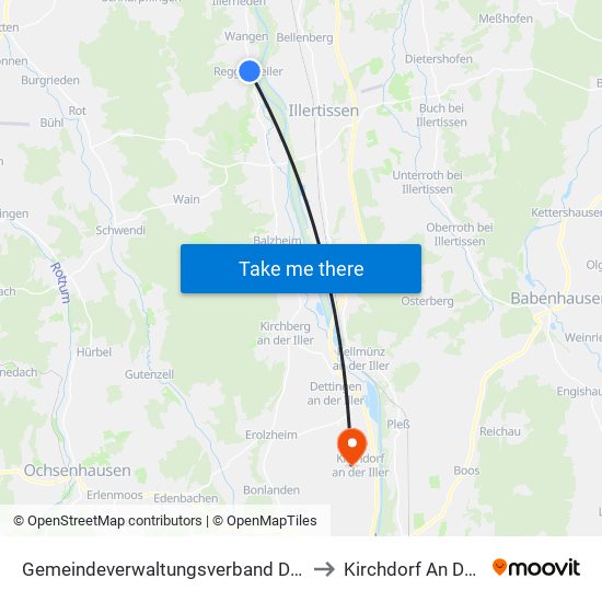 Gemeindeverwaltungsverband Dietenheim to Kirchdorf An Der Iller map