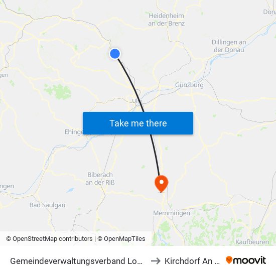 Gemeindeverwaltungsverband Lonsee-Amstetten to Kirchdorf An Der Iller map