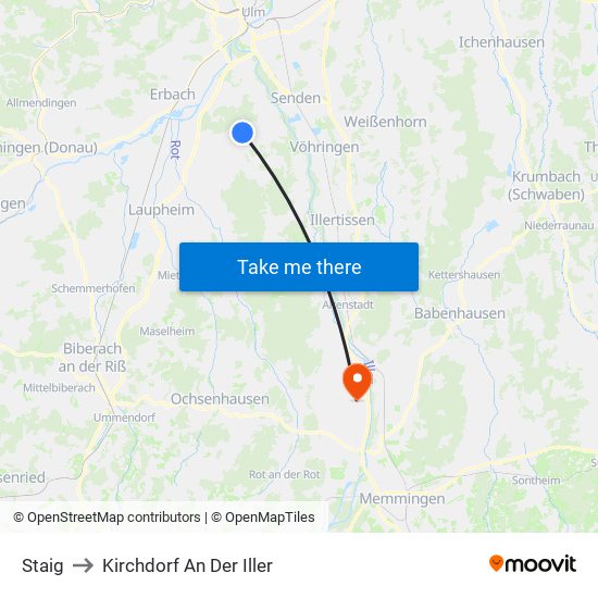 Staig to Kirchdorf An Der Iller map