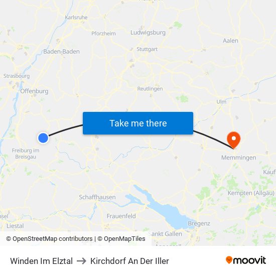 Winden Im Elztal to Kirchdorf An Der Iller map