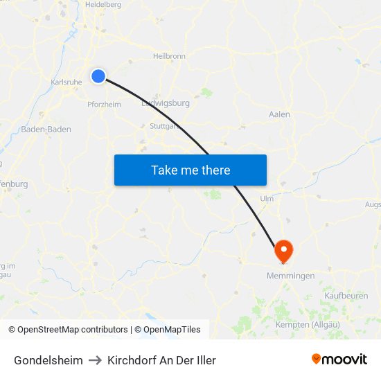 Gondelsheim to Kirchdorf An Der Iller map