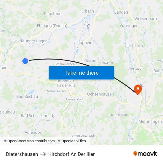 Dietershausen to Kirchdorf An Der Iller map