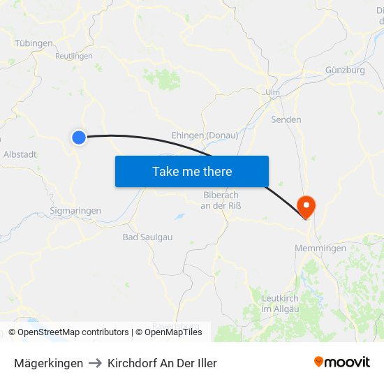 Mägerkingen to Kirchdorf An Der Iller map