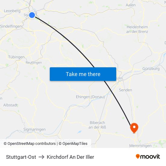 Stuttgart-Ost to Kirchdorf An Der Iller map