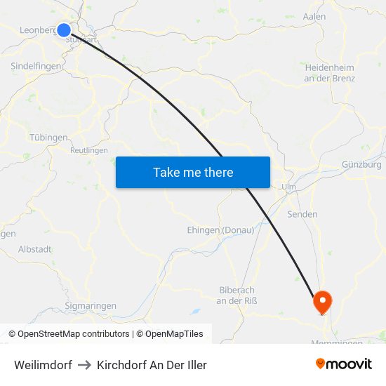 Weilimdorf to Kirchdorf An Der Iller map