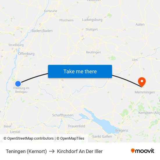 Teningen (Kernort) to Kirchdorf An Der Iller map