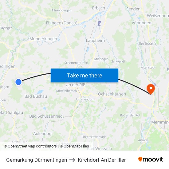 Gemarkung Dürmentingen to Kirchdorf An Der Iller map